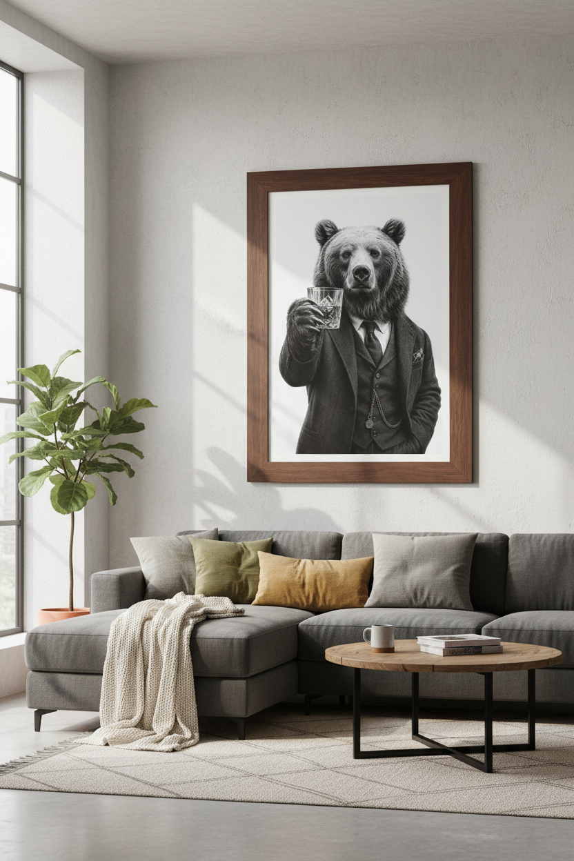 Bear in Suit Whiskey Art | Black and White Man Cave Decor | Masculine Poster