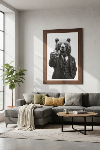 Bear in Suit Whiskey Art | Black and White Man Cave Decor | Masculine Poster