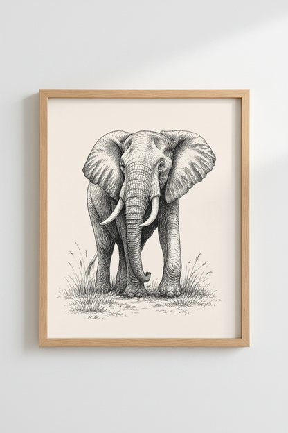 Elephant Sketch Wall Art | Ink Illustration, Living Room Decor | Animal Poster