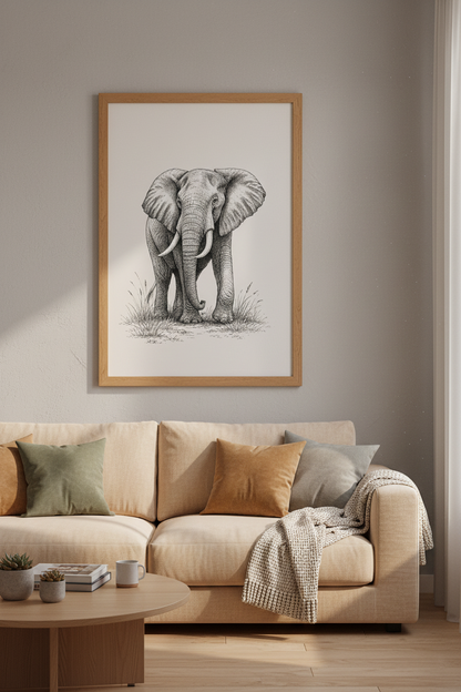 Elephant Sketch Wall Art | Ink Illustration, Living Room Decor | Animal Poster