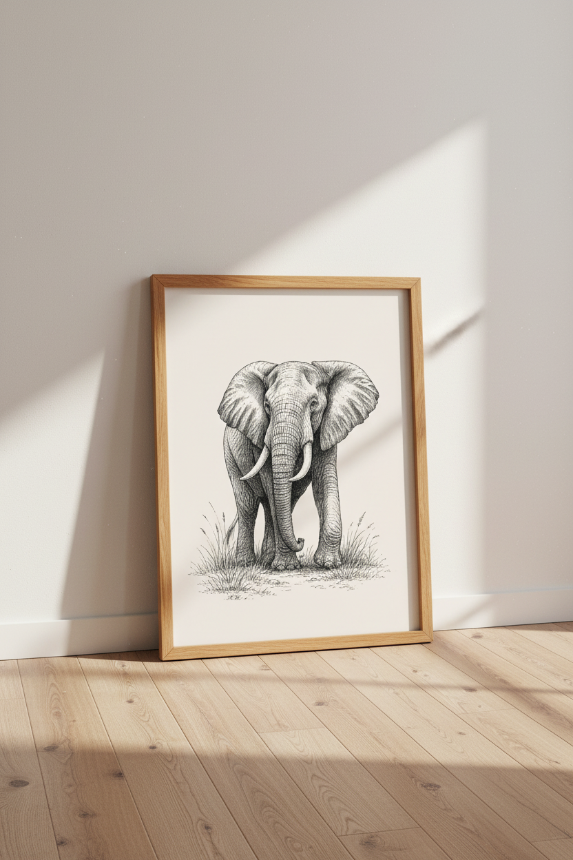 Elephant Sketch Wall Art | Ink Illustration, Living Room Decor | Animal Poster