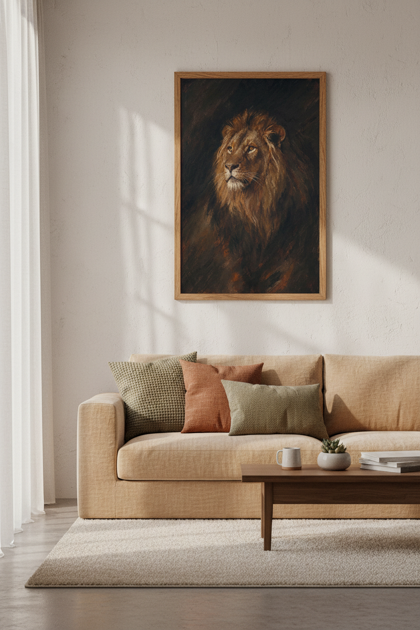 lion wall art | bold earthy hues, living room decor