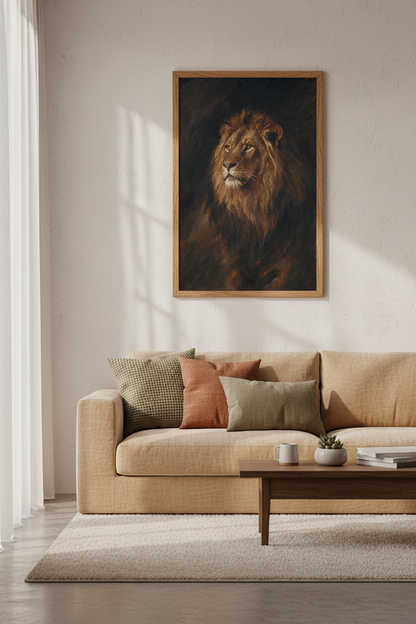 lion wall art | bold earthy hues, living room decor