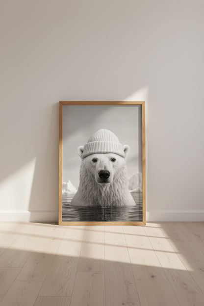 Polar Bear in Beanie Print | Black and White Arctic Animal Decor | Modern Nursery Art
