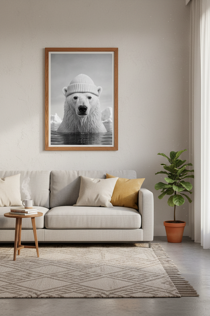 Polar Bear in Beanie Print | Black and White Arctic Animal Decor | Modern Nursery Art