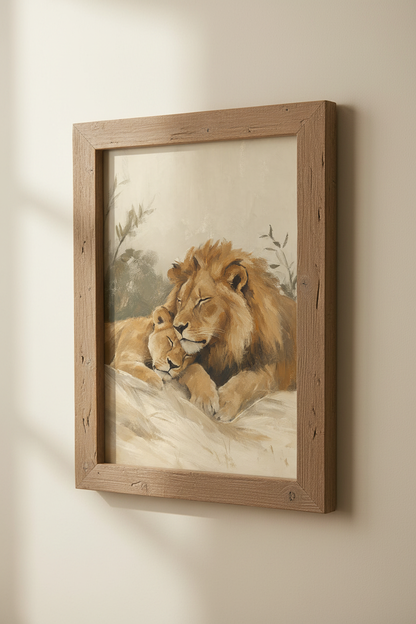 Lion and Cub Oil Painting | Neutral Safari Nursery Decor, Minimalist Animal Art