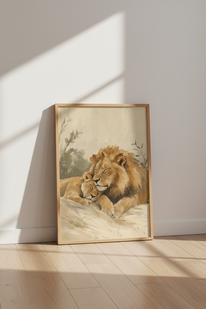 Lion and Cub Oil Painting | Neutral Safari Nursery Decor, Minimalist Animal Art