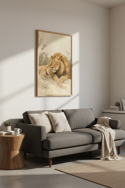Lion and Cub Oil Painting | Neutral Safari Nursery Decor, Minimalist Animal Art