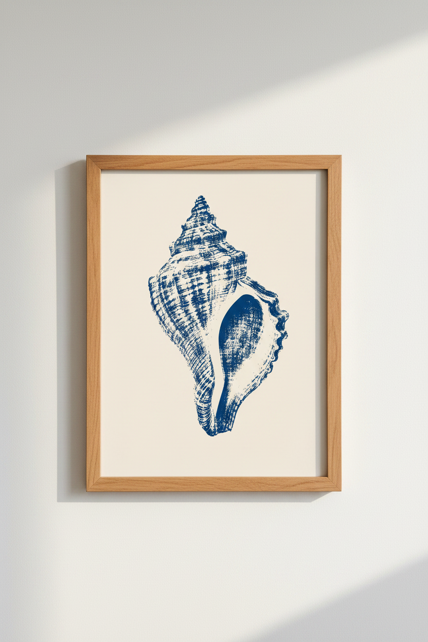 Blue Seashell Wall Art Print | Coastal Bathroom Decor | Minimalist Nautical Poster