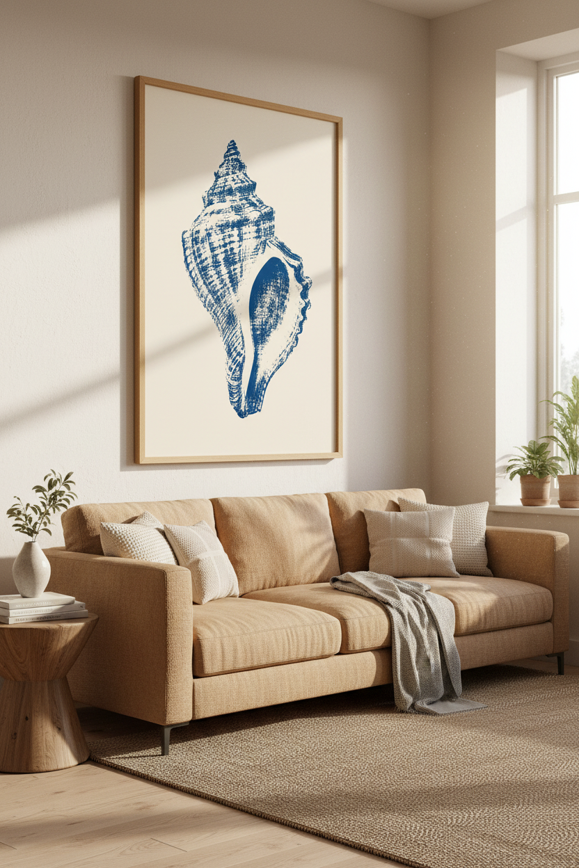 Blue Seashell Wall Art Print | Coastal Bathroom Decor | Minimalist Nautical Poster