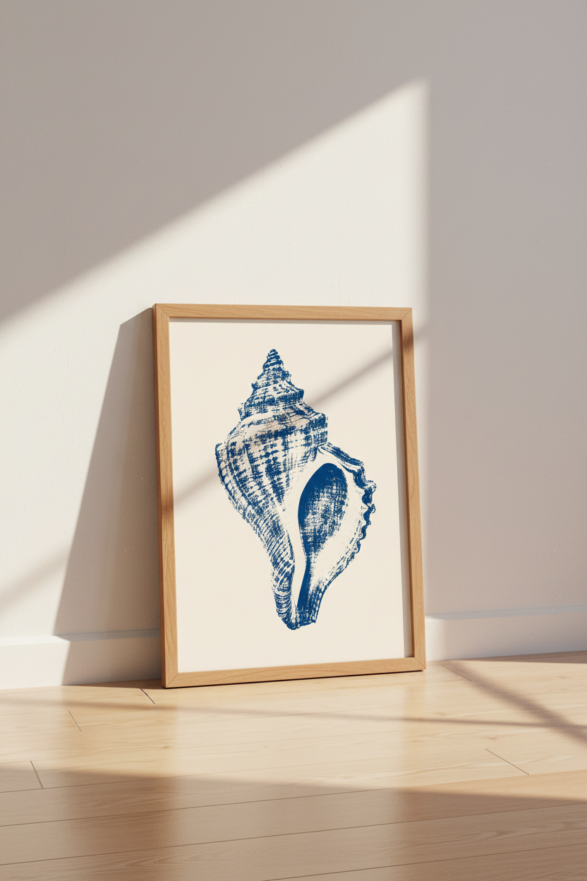 Blue Seashell Wall Art Print | Coastal Bathroom Decor | Minimalist Nautical Poster
