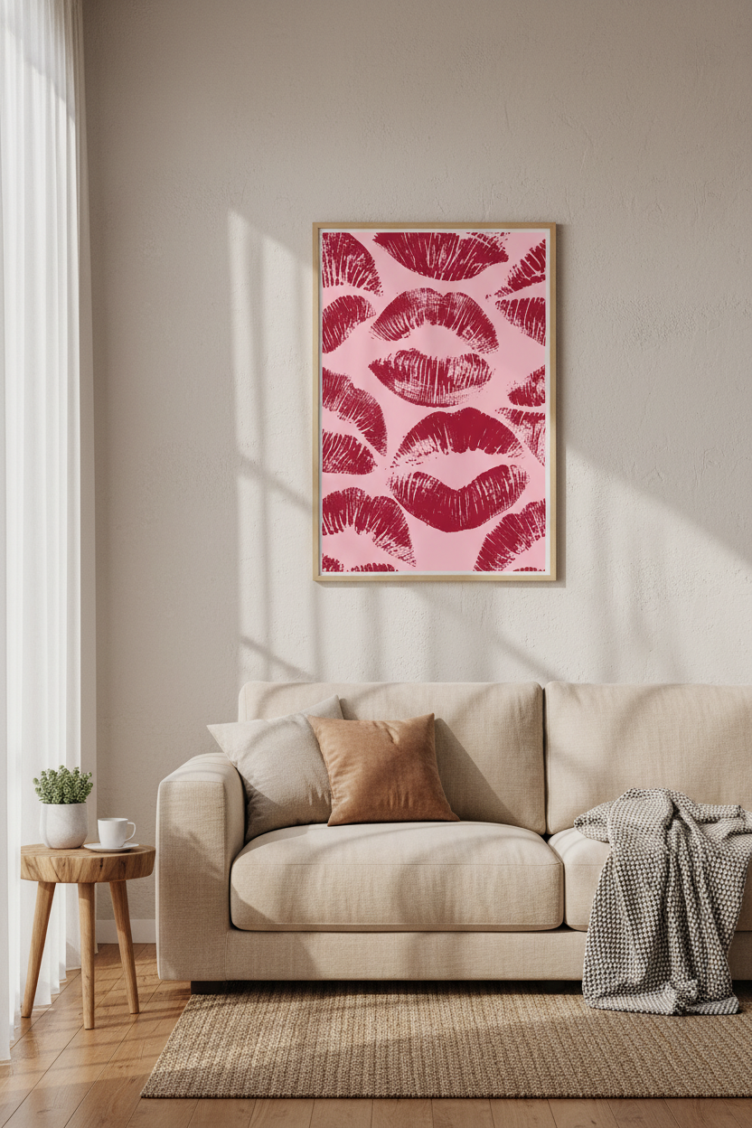 Red Lips Kiss Print Wall Art | Preppy Pink Aesthetic, Dorm &amp; Vanity Decor