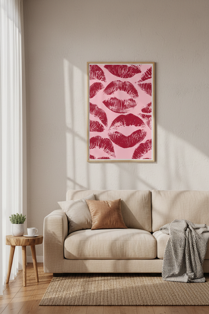 Red Lips Kiss Print Wall Art | Preppy Pink Aesthetic, Dorm &amp; Vanity Decor
