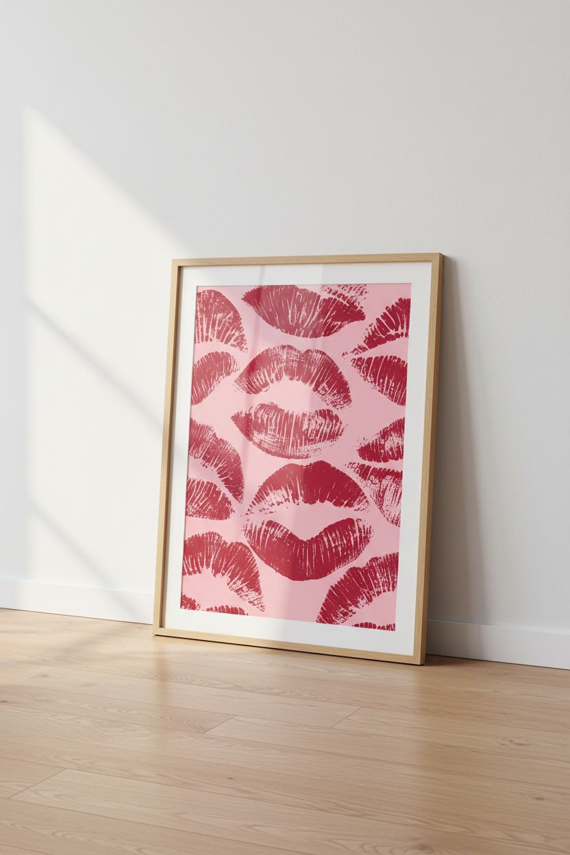 Red Lips Kiss Print Wall Art | Preppy Pink Aesthetic, Dorm &amp; Vanity Decor