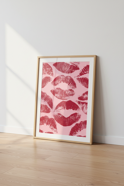 Red Lips Kiss Print Wall Art | Preppy Pink Aesthetic, Dorm &amp; Vanity Decor