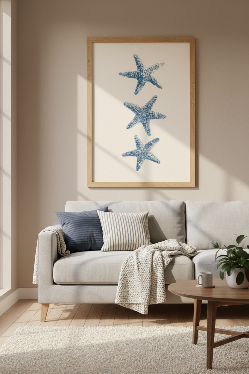 Coastal Starfish Wall Art Print | Blue Nautical Bathroom Decor | Beach House Poster