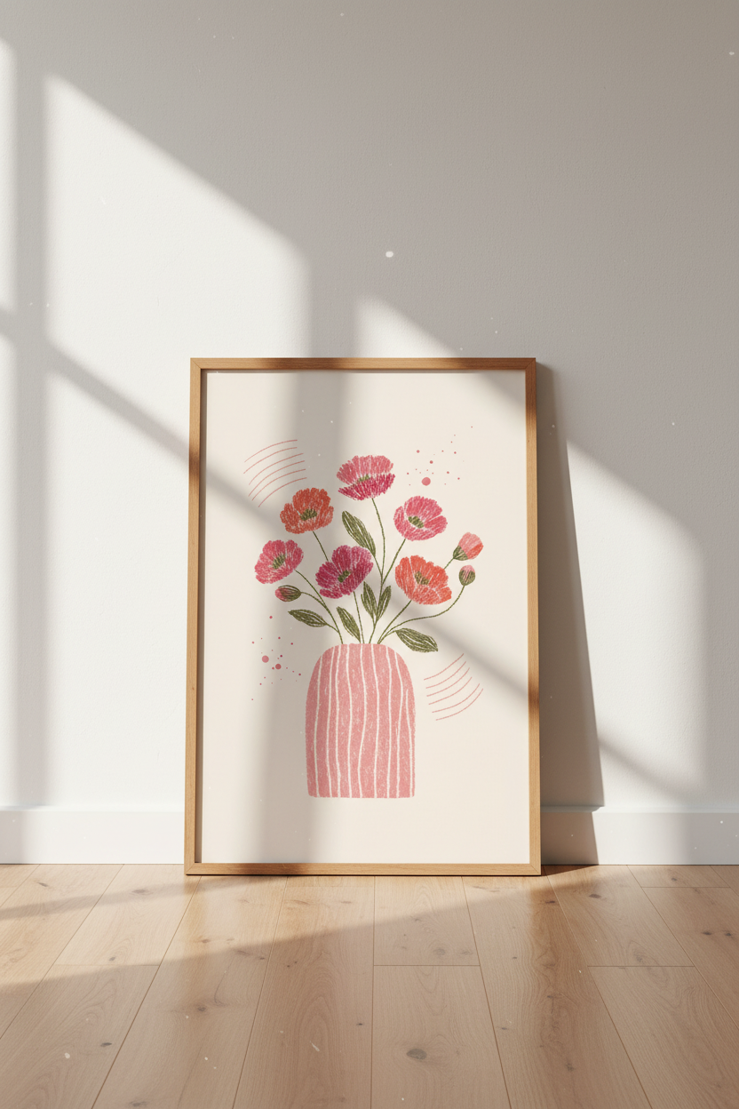 Abstract Pink Floral Bouquet Wall Art | Pastel Poppy Print, Boho Nursery Decor