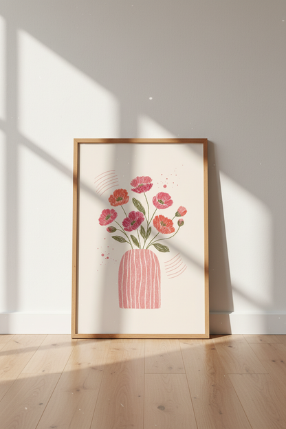 Abstract Pink Floral Bouquet Wall Art | Pastel Poppy Print, Boho Nursery Decor
