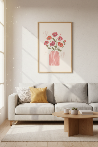 Abstract Pink Floral Bouquet Wall Art | Pastel Poppy Print, Boho Nursery Decor