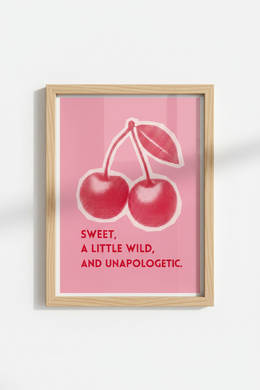 Cherry Wall Art Print | Pink Retro Fruit Poster | Kitchen &amp; Dorm Decor Pop Art
