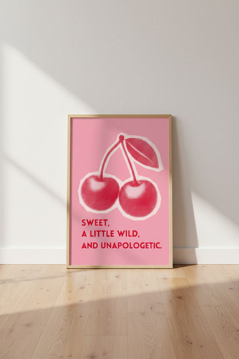 Cherry Wall Art Print | Pink Retro Fruit Poster | Kitchen &amp; Dorm Decor Pop Art