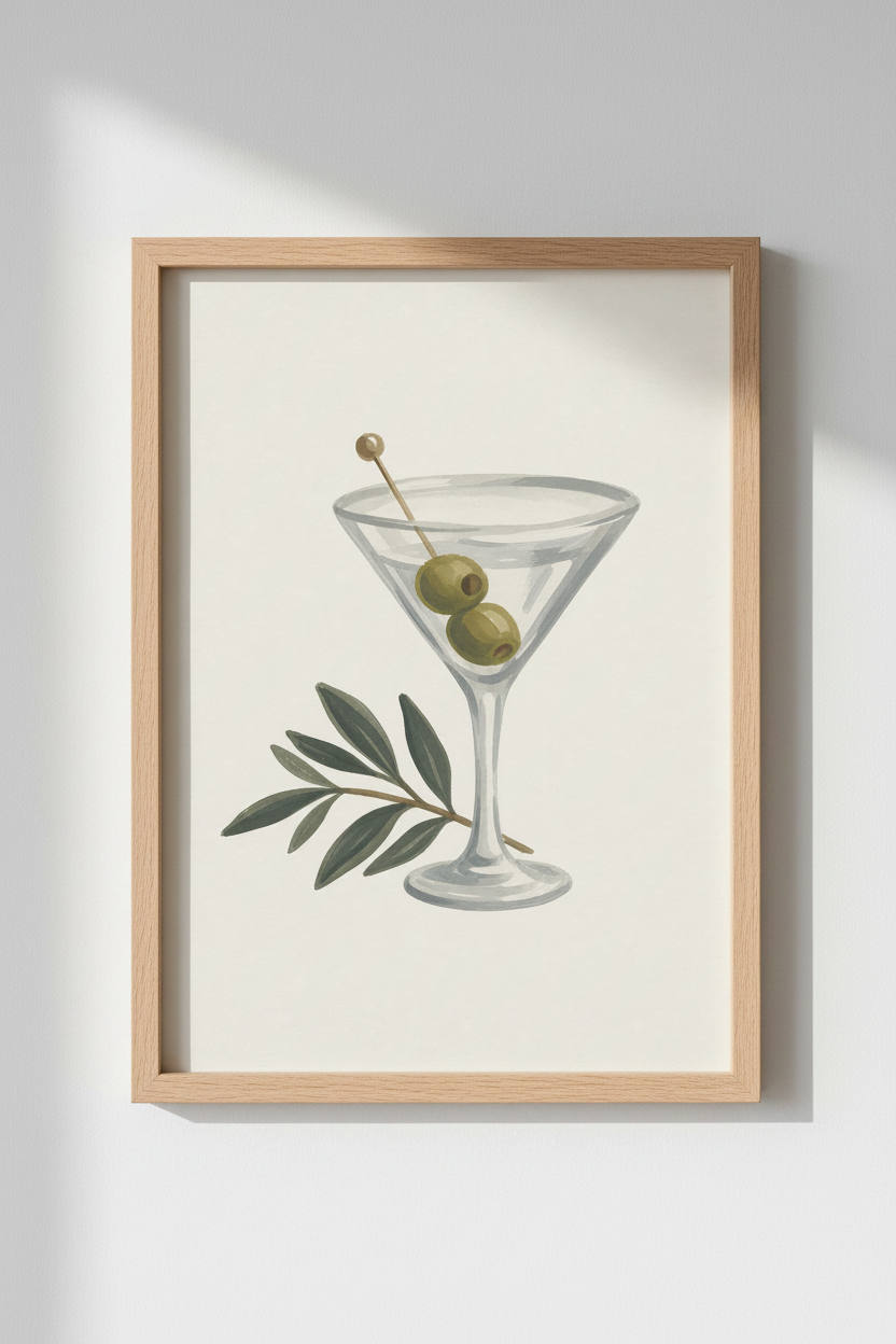 Minimalist Olive Martini Wall Art Print | Kitchen Decor | Neutral Poster