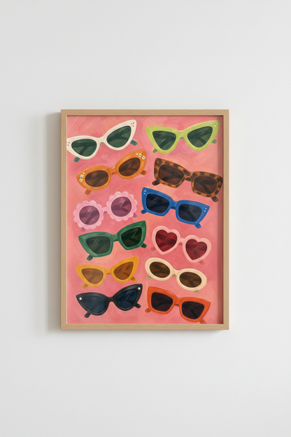 Retro Sunglasses Print | Pink Eclectic Preppy Wall Art, Trendy Fashion Poster