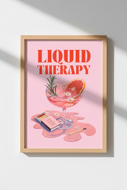 Retro Cocktail Poster | Pink Liquid Therapy Print, Bar Cart Decor &amp; Kitchen Art