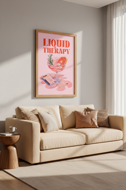 Retro Cocktail Poster | Pink Liquid Therapy Print, Bar Cart Decor &amp; Kitchen Art