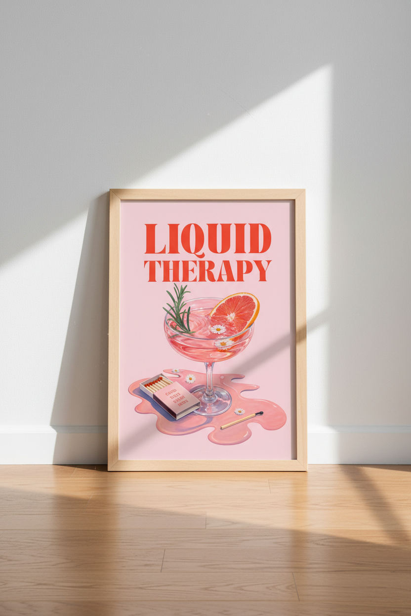 Retro Cocktail Poster | Pink Liquid Therapy Print, Bar Cart Decor &amp; Kitchen Art