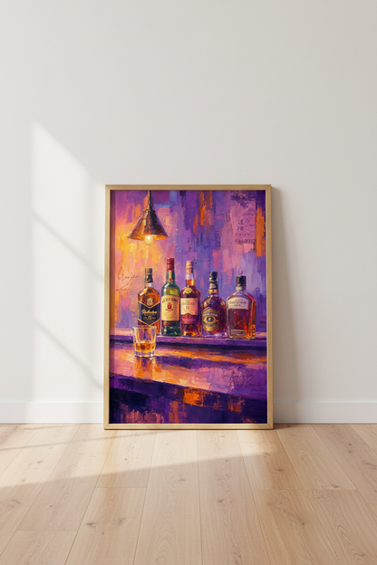 Whiskey Bottles Oil Painting | Purple &amp; Gold Bar Decor, Man Cave Wall Art