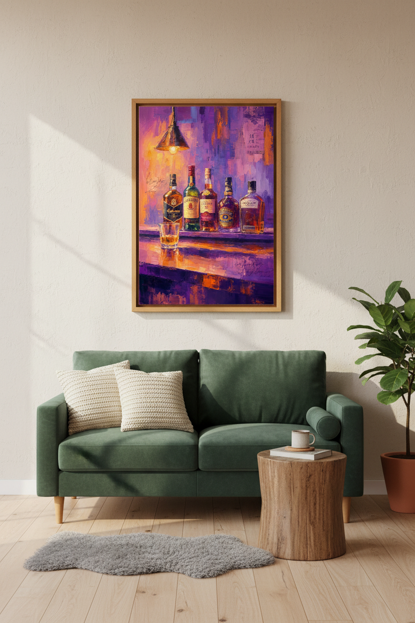 Whiskey Bottles Oil Painting | Purple &amp; Gold Bar Decor, Man Cave Wall Art