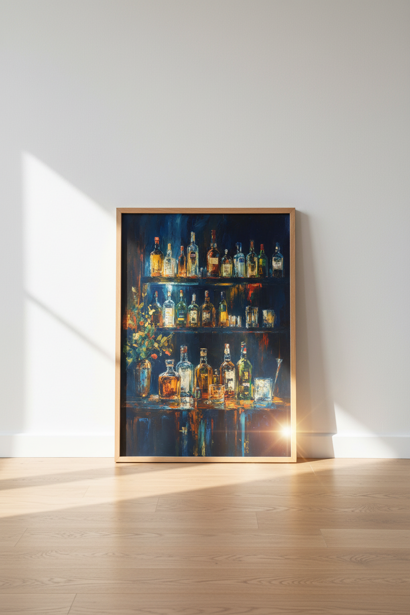 Bar Liquor Bottles Wall Art Print | Man Cave Decor | Moody Impasto Poster