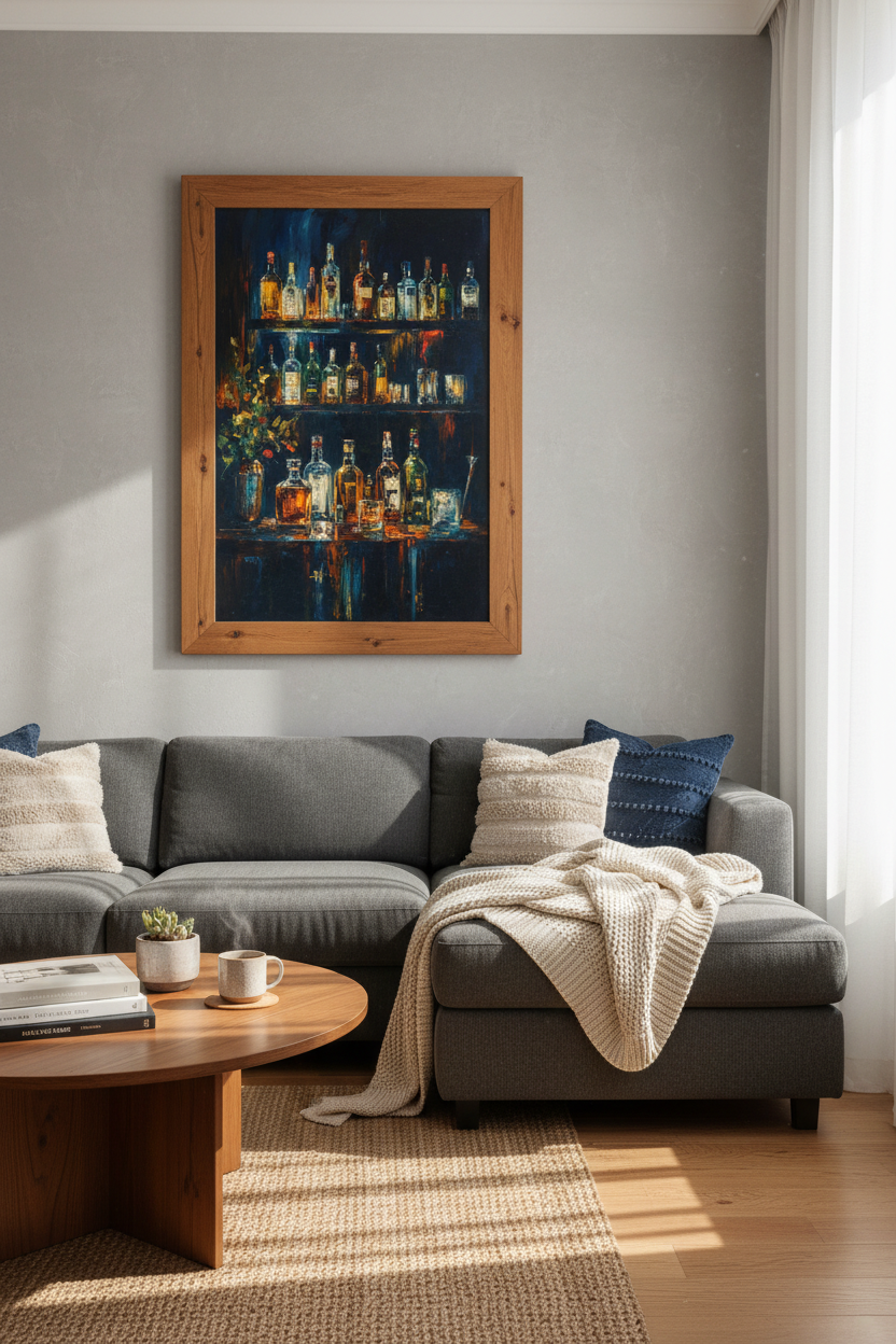 Bar Liquor Bottles Wall Art Print | Man Cave Decor | Moody Impasto Poster