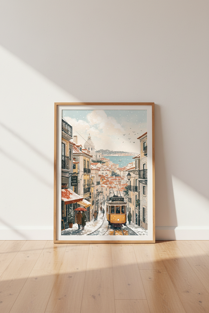 Lisbon Portugal Winter Wall Art | Snowy City Tram Print, Travel Decor