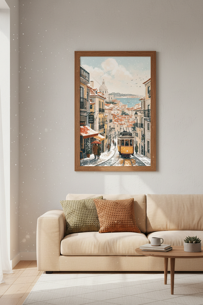 Lisbon Portugal Winter Wall Art | Snowy City Tram Print, Travel Decor
