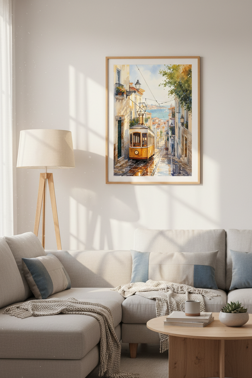 Lisbon Tram Watercolor Print | Mediterranean City Wall Art | Coastal Travel Poster