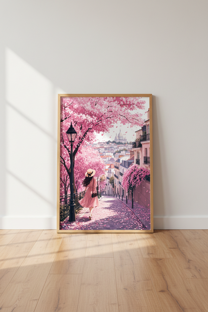 Paris Cherry Blossom Wall Art | Montmartre Pink Aesthetic Poster, French City Decor