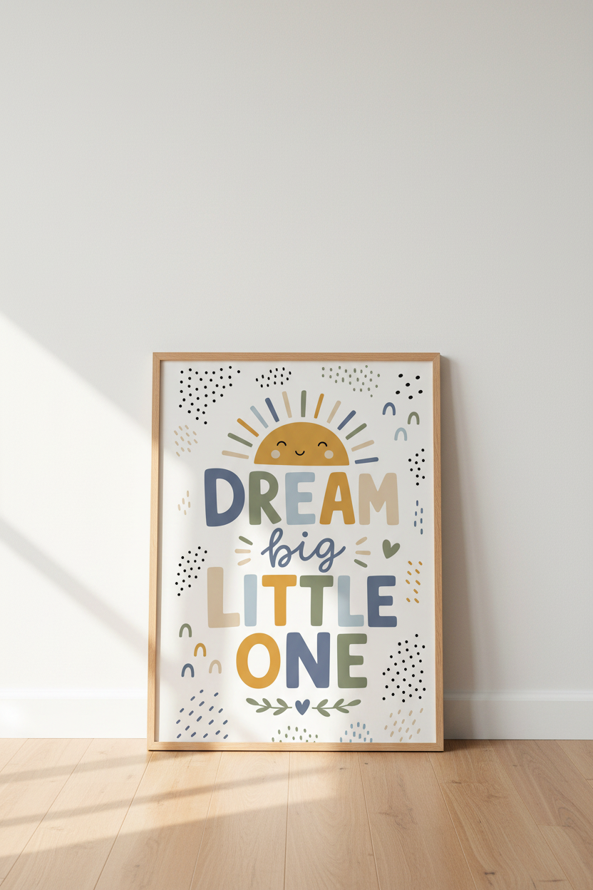 Dream Big Little One Wall Art | Boho Sun Nursery Decor | Muted Pastel Poster