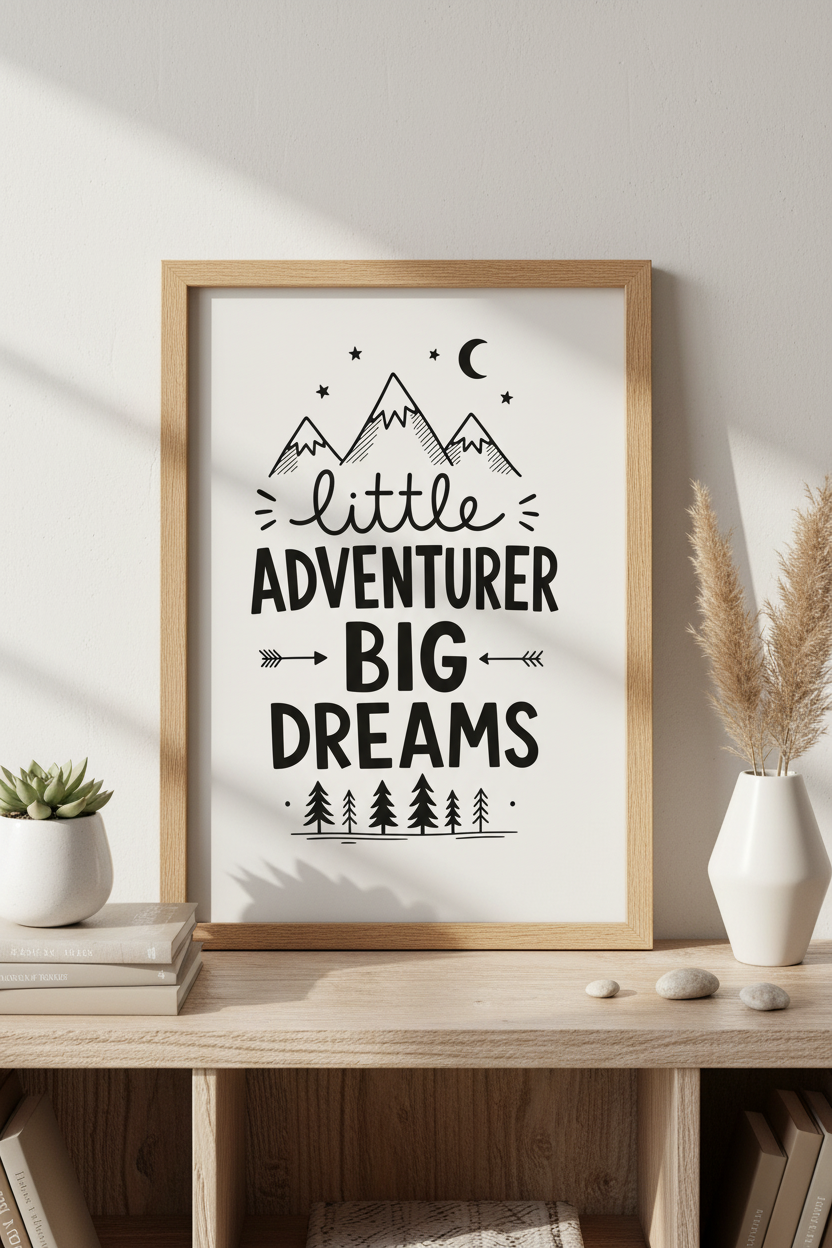 Adventurer Wall Art | Black &amp; White Mountain Print, Kids Room Decor