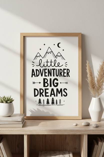 Adventurer Wall Art | Black &amp; White Mountain Print, Kids Room Decor