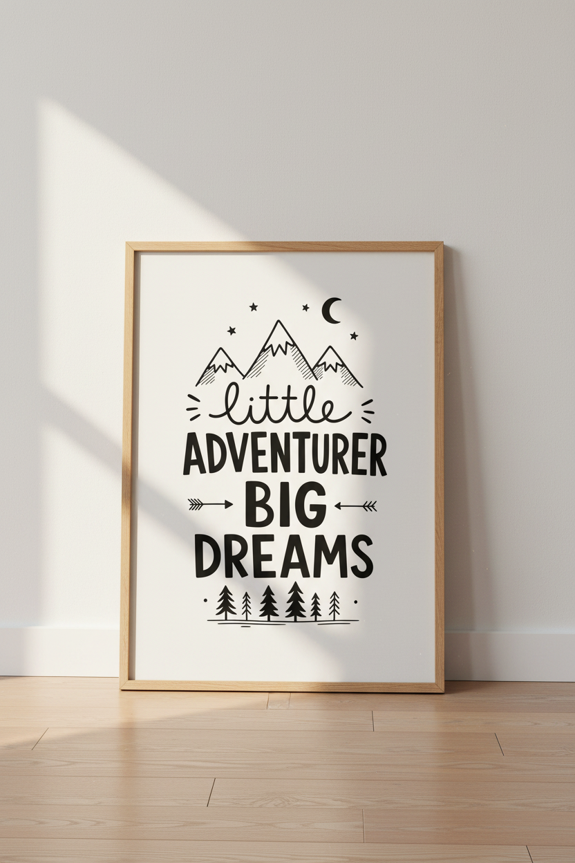 Adventurer Wall Art | Black &amp; White Mountain Print, Kids Room Decor