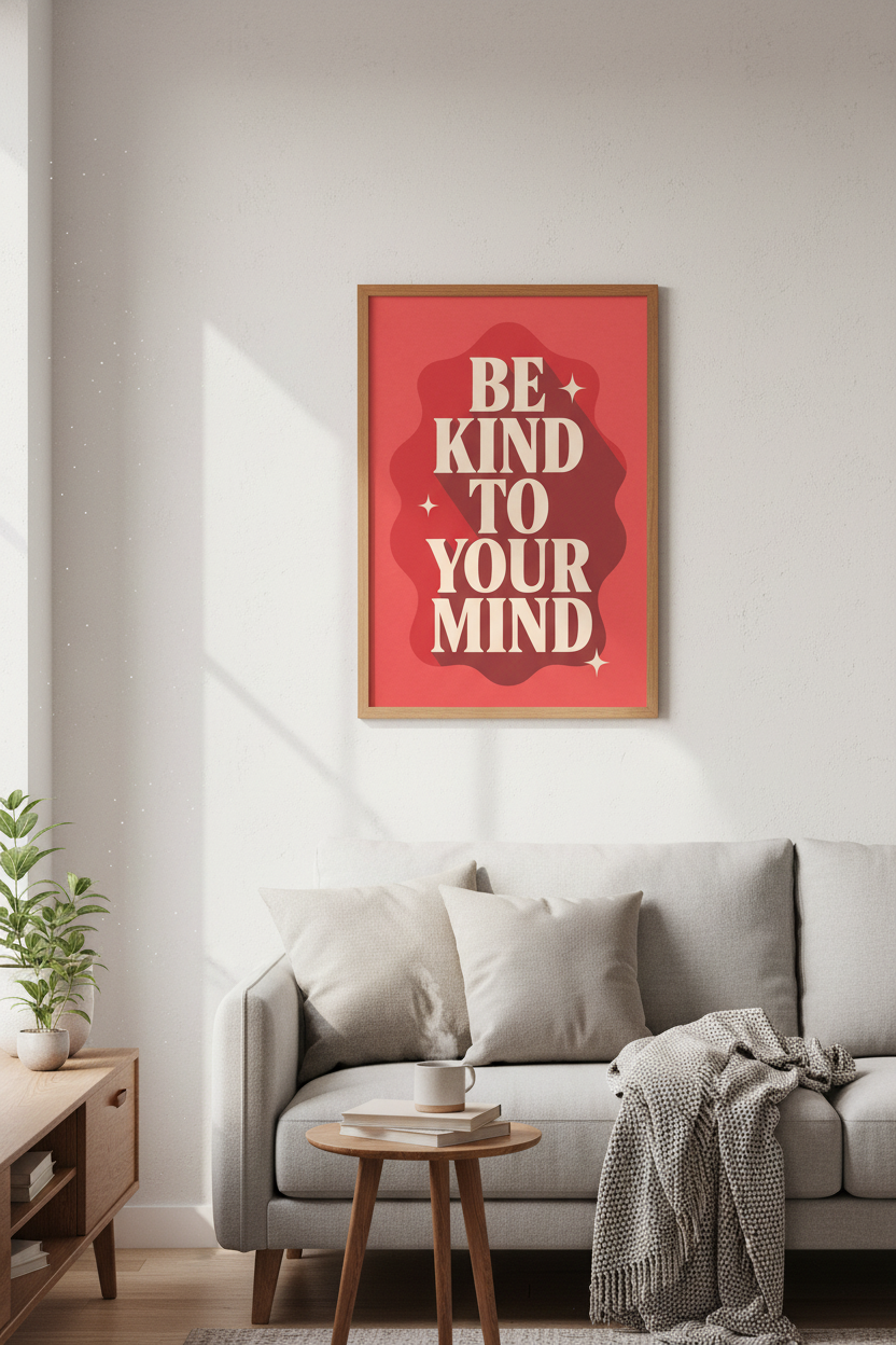 Be Kind To Your Mind Wall Art | Retro Red Typographic Poster | Mental Health Decor