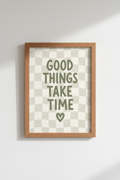 Good Things Take Time Wall Art | Sage Green Checkerboard, Aesthetic Room Decor