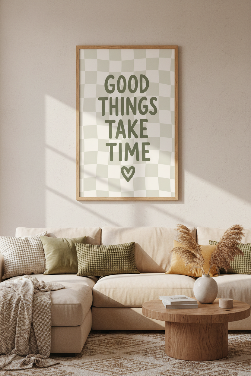 Good Things Take Time Wall Art | Sage Green Checkerboard, Aesthetic Room Decor