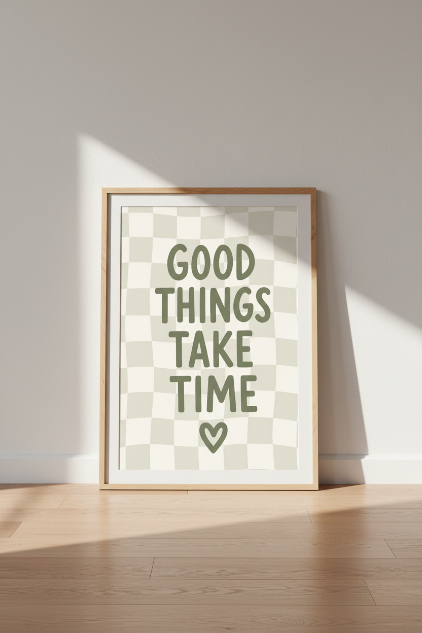 Good Things Take Time Wall Art | Sage Green Checkerboard, Aesthetic Room Decor
