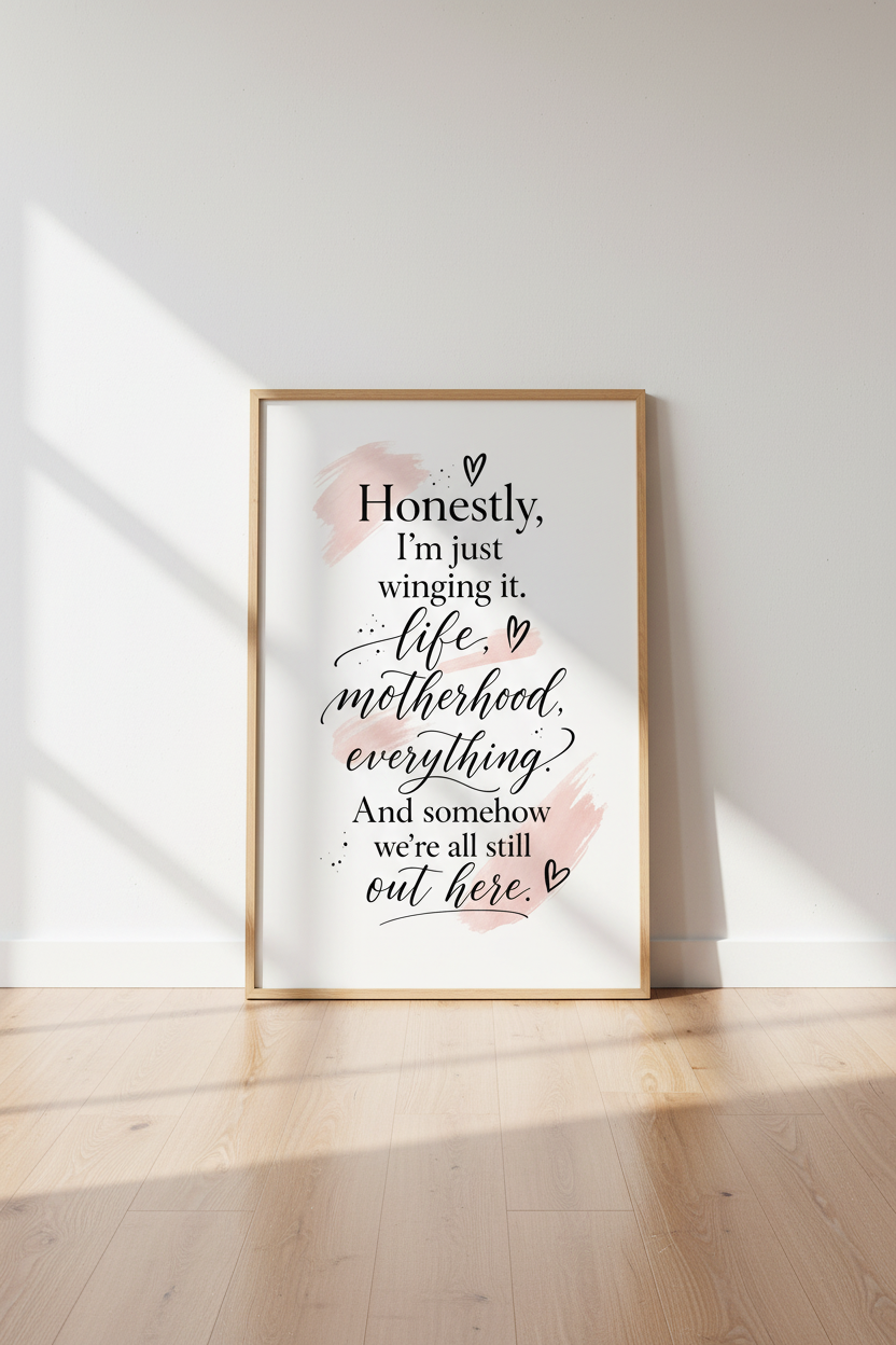 Funny Motherhood Wall Art | Winging It Script Pink &amp; Black Poster, Home Decor