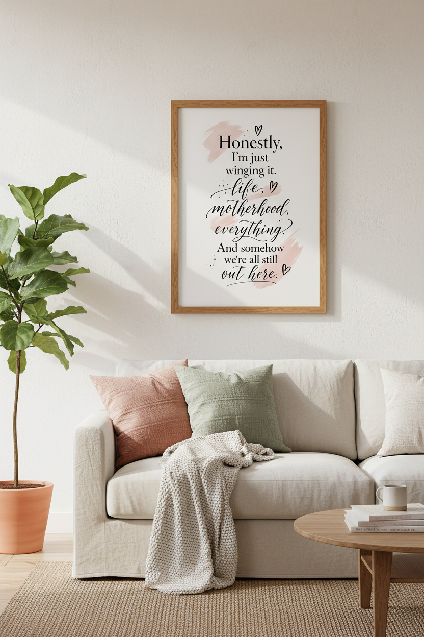 Funny Motherhood Wall Art | Winging It Script Pink &amp; Black Poster, Home Decor