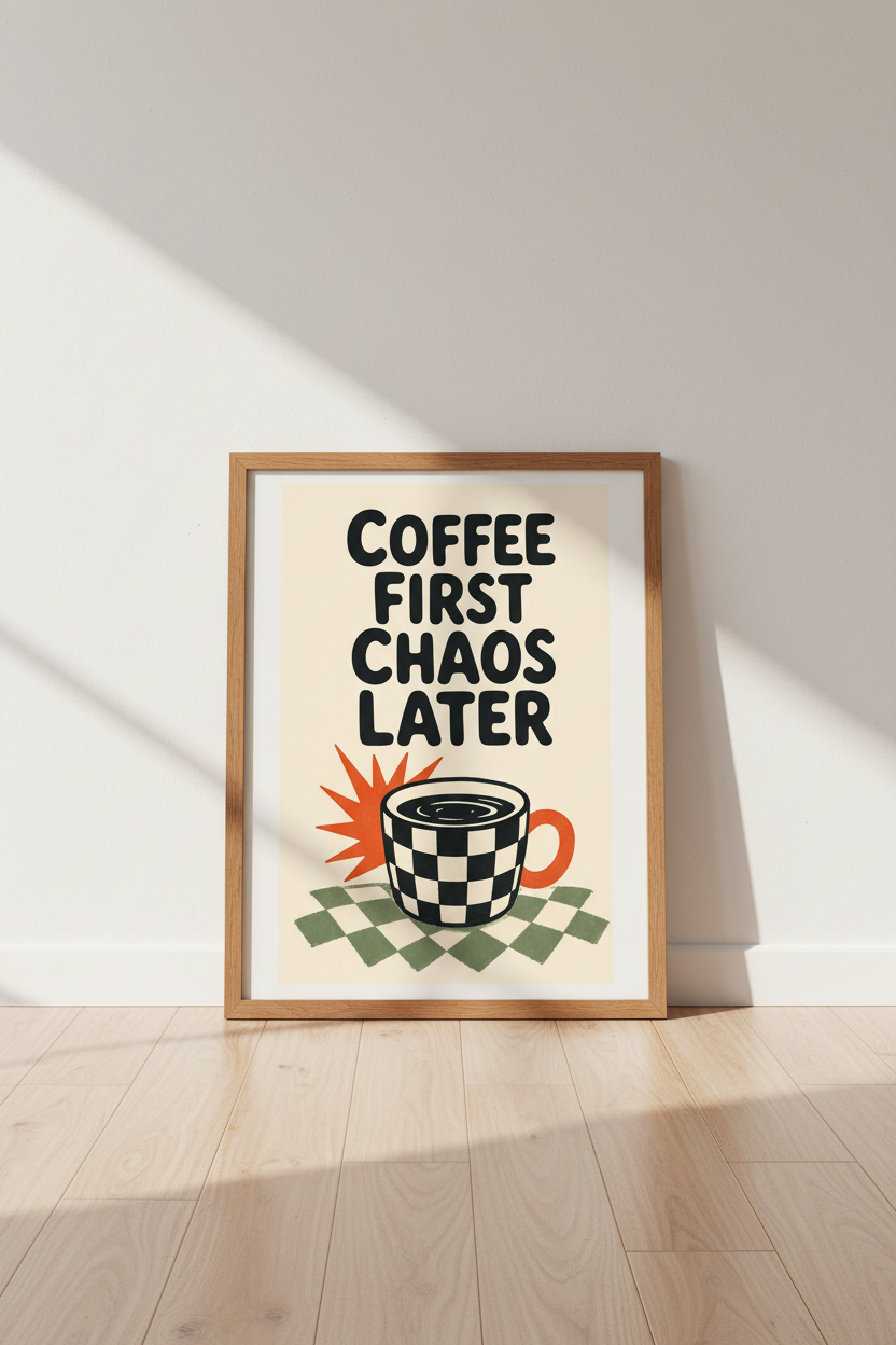 Coffee First Chaos Later Wall Art | Retro Kitchen Decor | Trendy Checked Mug Poster