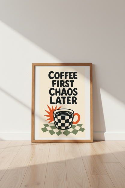 Coffee First Chaos Later Wall Art | Retro Kitchen Decor | Trendy Checked Mug Poster